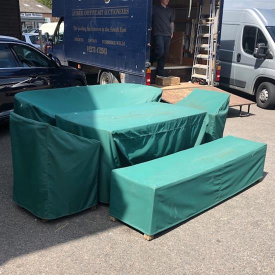 Gaze Burvill. An oak garden table, bench, low bench and pair of chairs Table L.170cm, Bench L.210cm, Low bench L.195cm